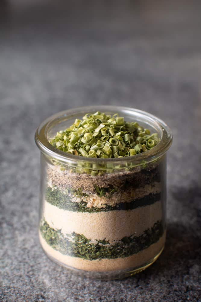 herbs in jar before being mixed