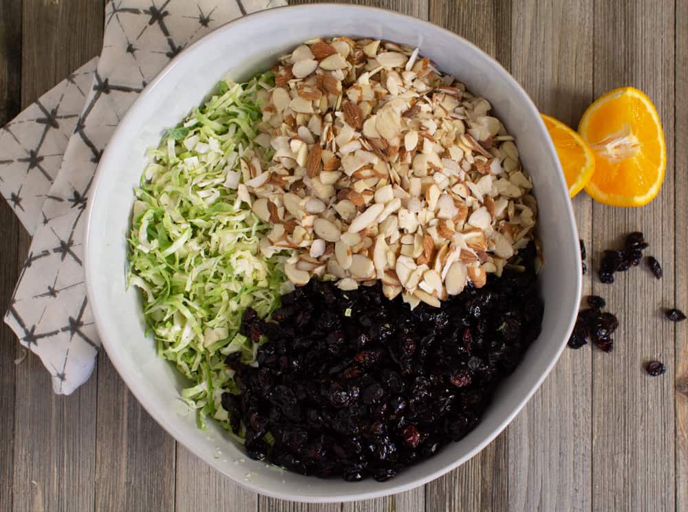 Shaved sprouts with cranberries and almonds on top