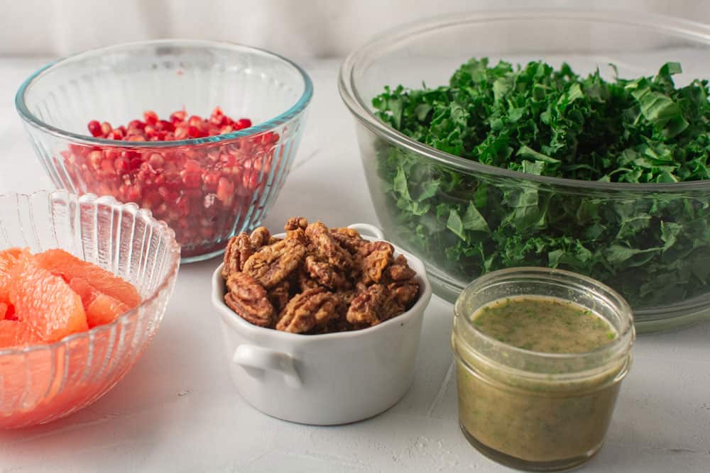 Ingredients for grapefruit pomegranate kale salad