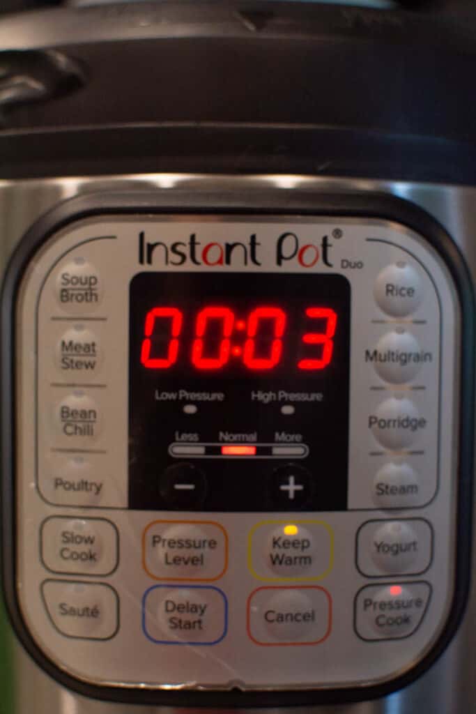 instant pot set to 3 minutes at high pressure