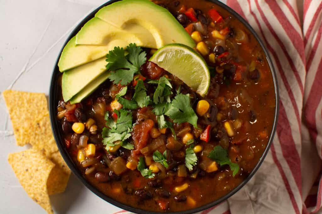 Birds eye view of bowl of soup with toppings