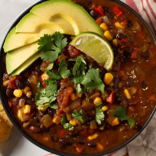 Birds eye view of bowl of soup with toppings