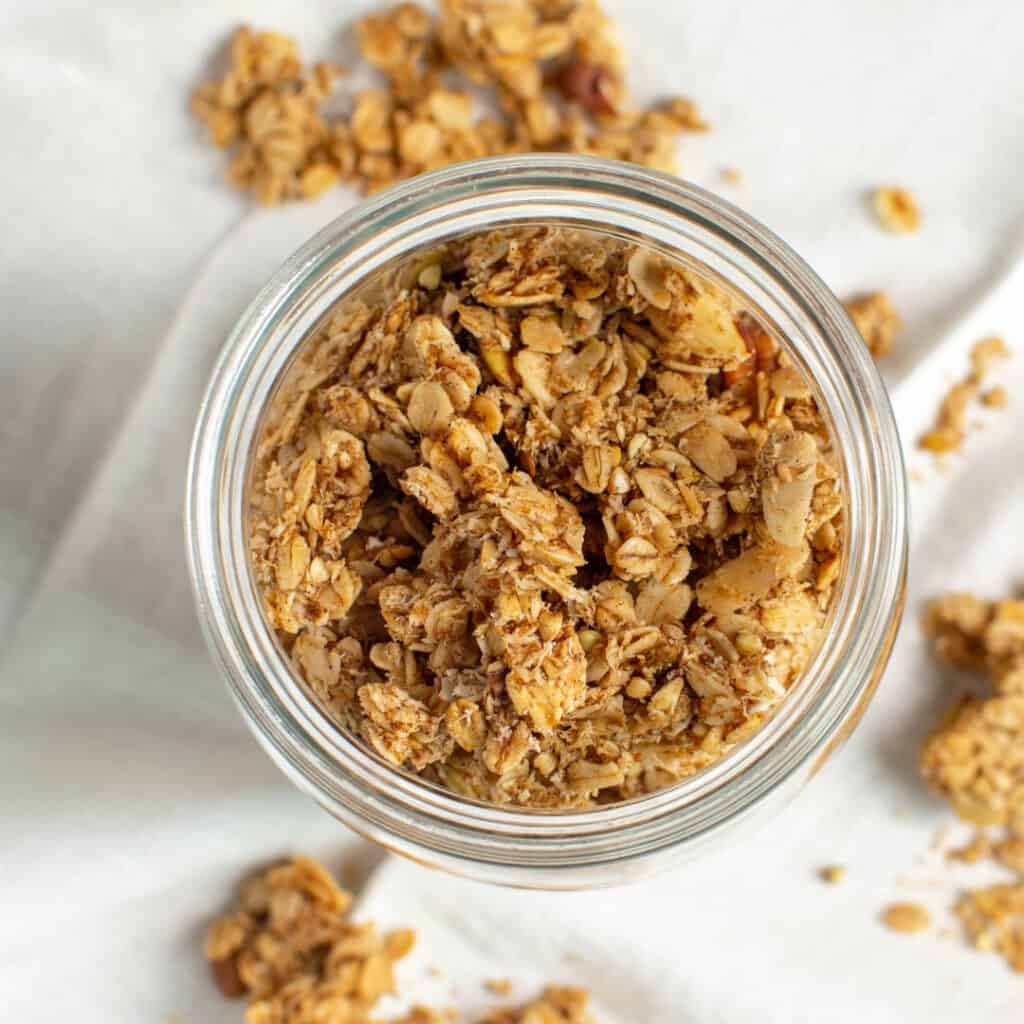 Top down shot of jar of granola