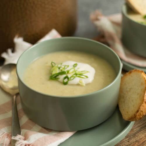 two bowls full of soup, garnished with vegan sour cream and green onions, crusty bread and copper pot in background