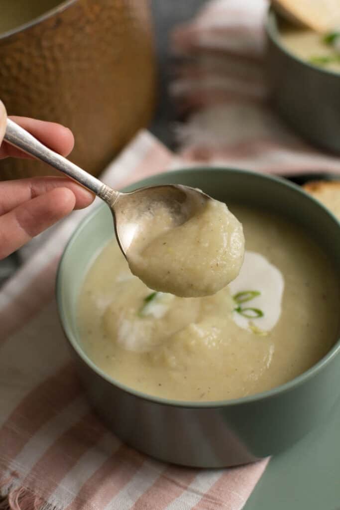 holding a spoonful of soup above the bowl