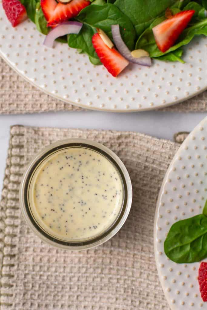 Overhead shot of dressing in glass container