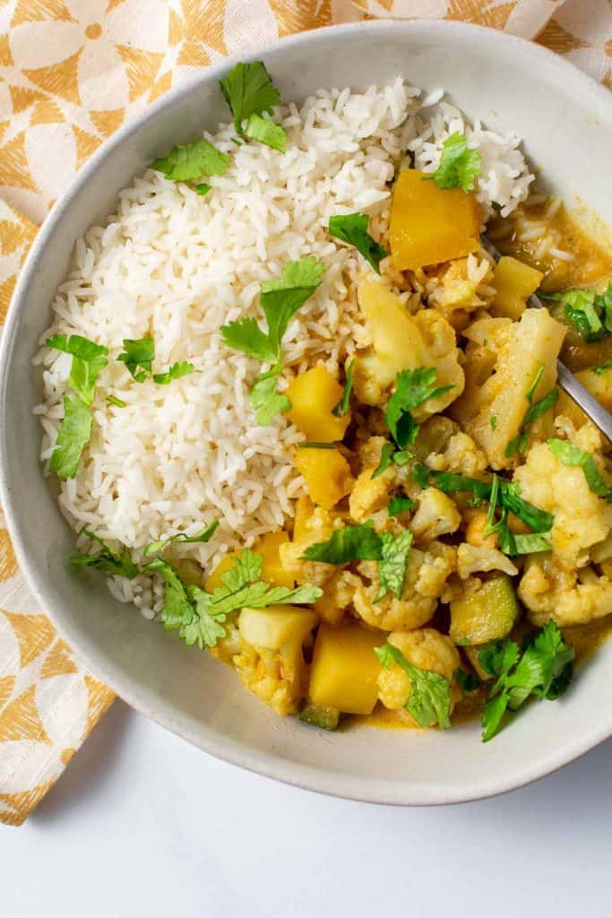 close up bird eye view of curry and rice bowl.