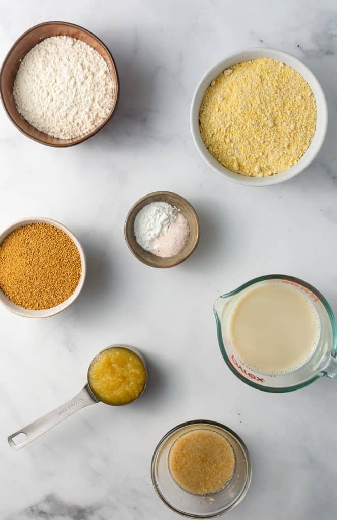 Ingredients needed to make dairy-free cornbread.