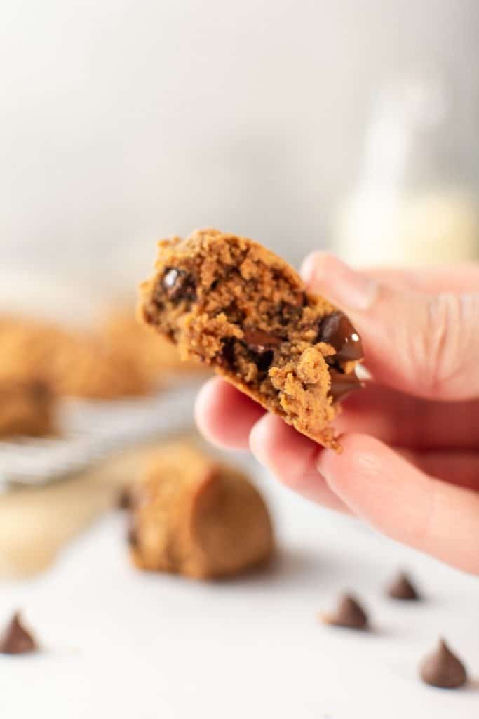 A hand holding a cookie with a bite taken out of it.