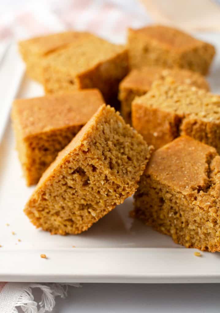 Tray full of sliced cornbread.