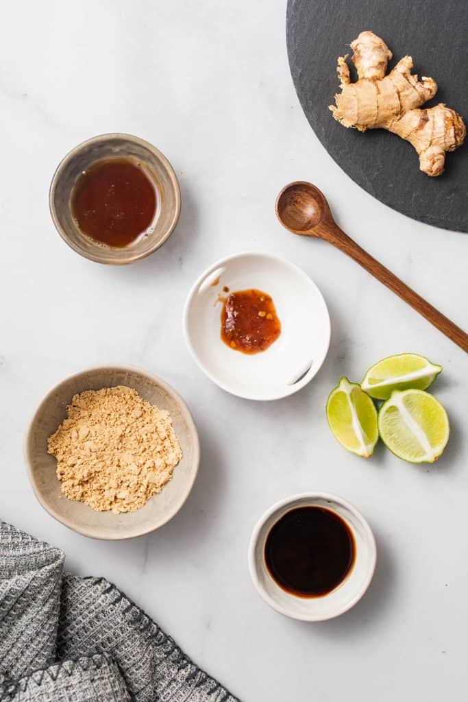 Overhead shot of ingredients for peanut sauce.