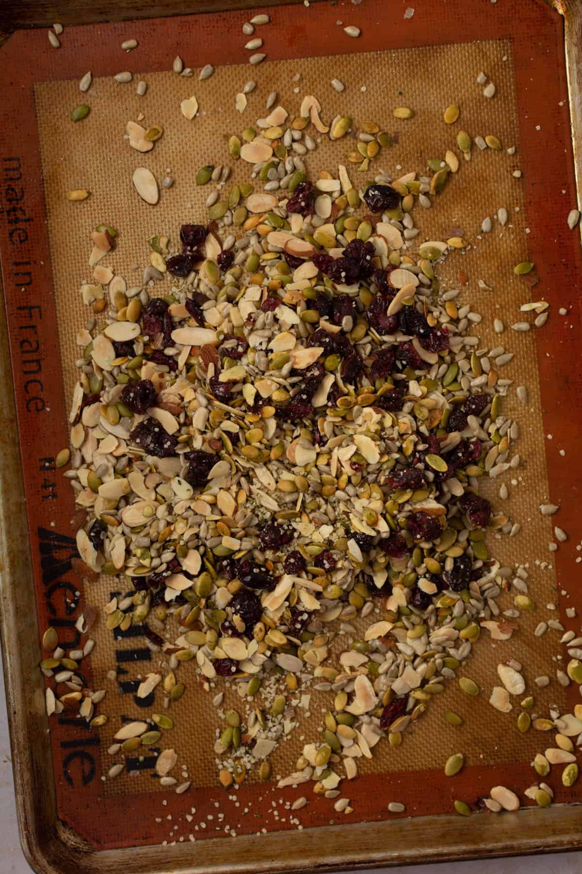Overhead shot of roasted seeds on top of cookie sheet with dried cranberries.