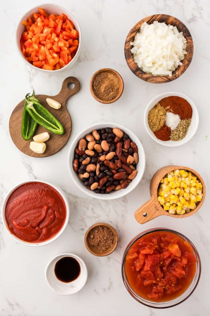 Overhead shot of all of the ingredients in separate bowls.