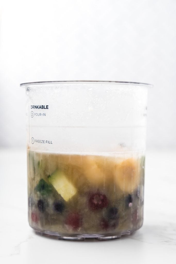 Front view of creami container with frozen ingredients.