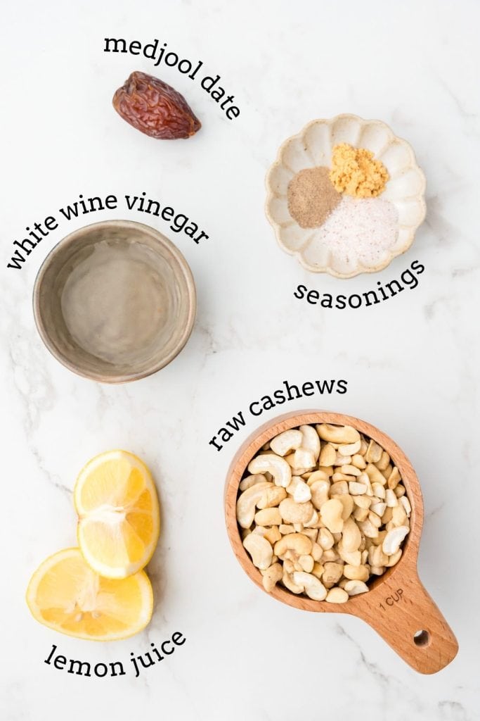 Overhead shot of labeled ingredients for cashew mayo.