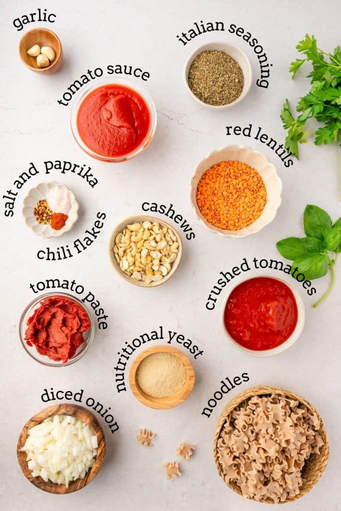 overhead shot of separate ingredients with the name of each ingredient listed next to it.