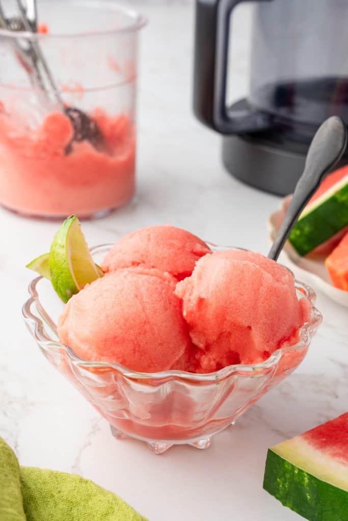 ¾ angle shot of 3 scoops of watermelon sorbet in glass bowl with watermelon slices and ninja creami in background.