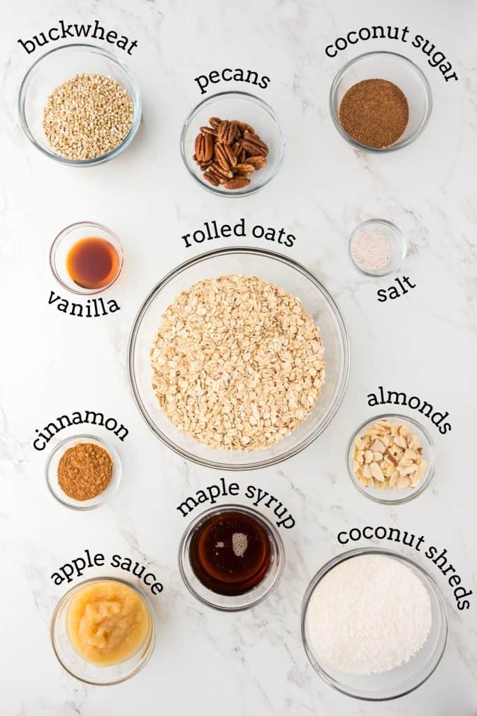 Overhead shot of ingredients in the homemade granola recipe.