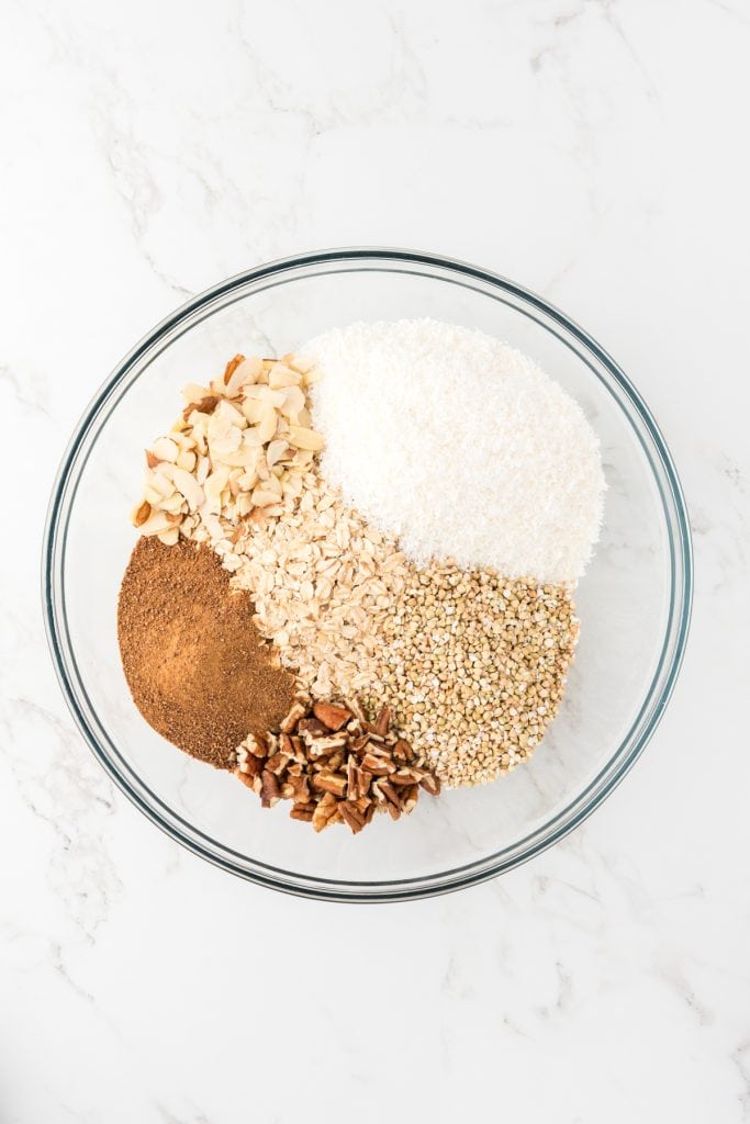 overhead shot of dry ingredients in a glass bowl.