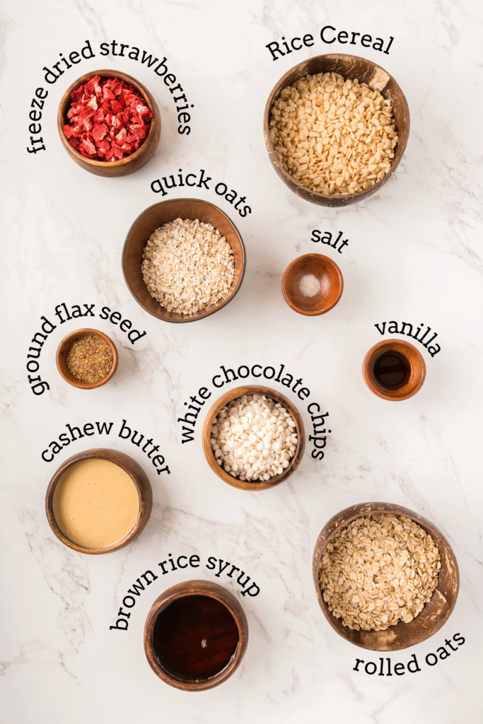 overhead shot of ingredients for granola strawberry bars.