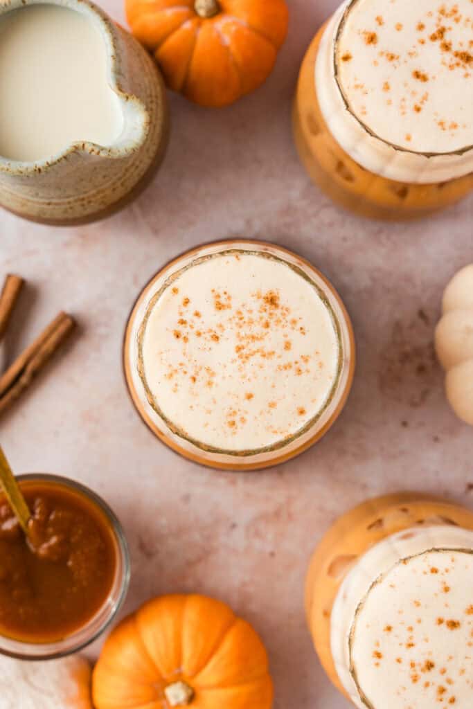 overhead shot of iced pumpkin spice chai tea latte.