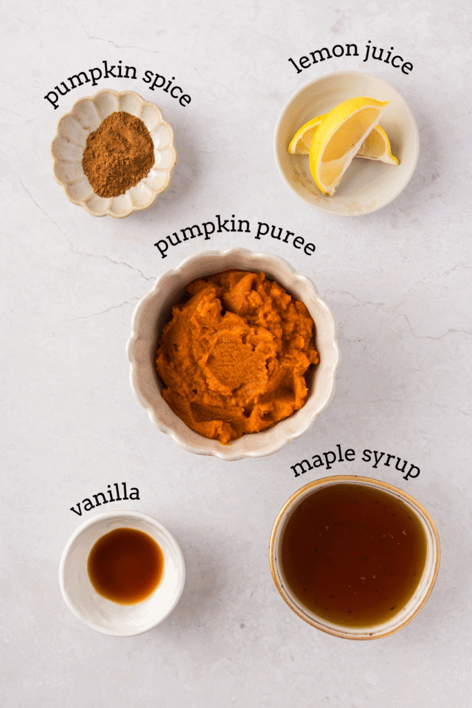 overhead shot of ingredients for pumpkin sauce or pumpkin syrup.