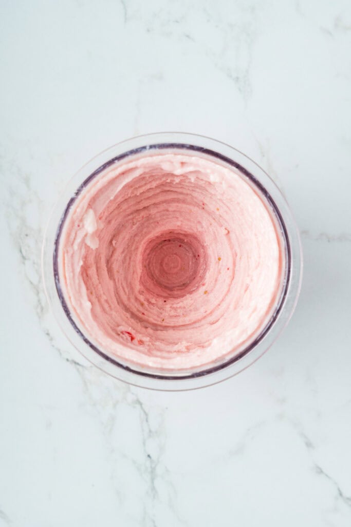 Overhead shot of smoothie after being processed in the ninja creami machine.