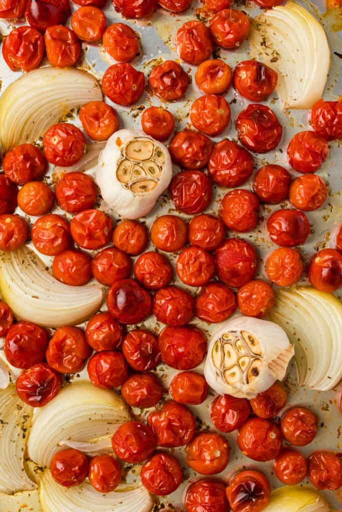 overhead shot of vegetables on pan after roasting.