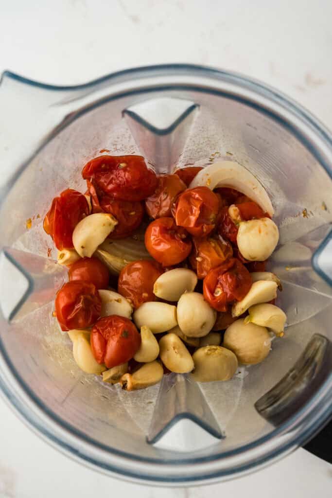 overhead shot of ingredients in blender before being blended.