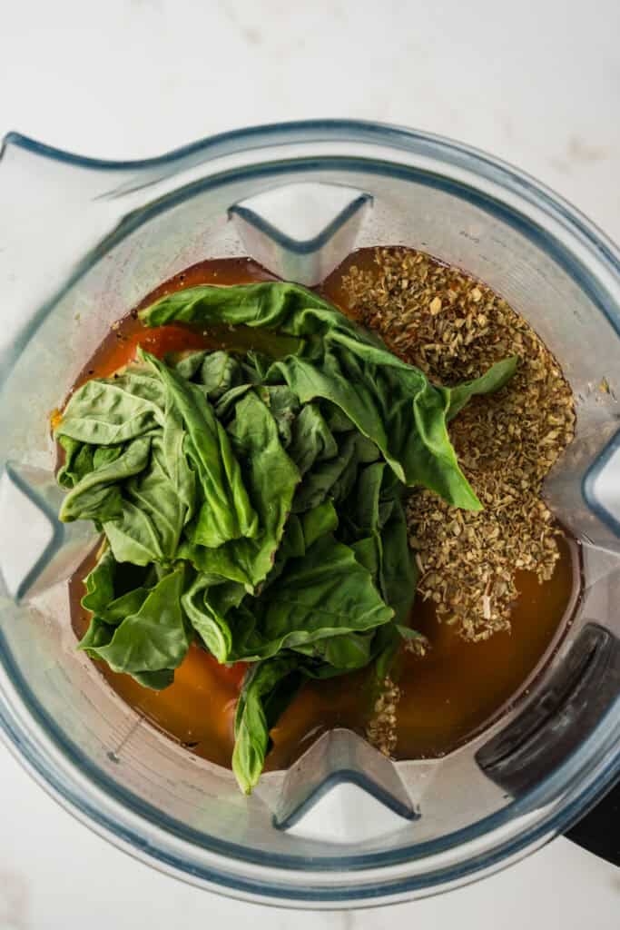 overhead shot of ingredients in blender before being blended.